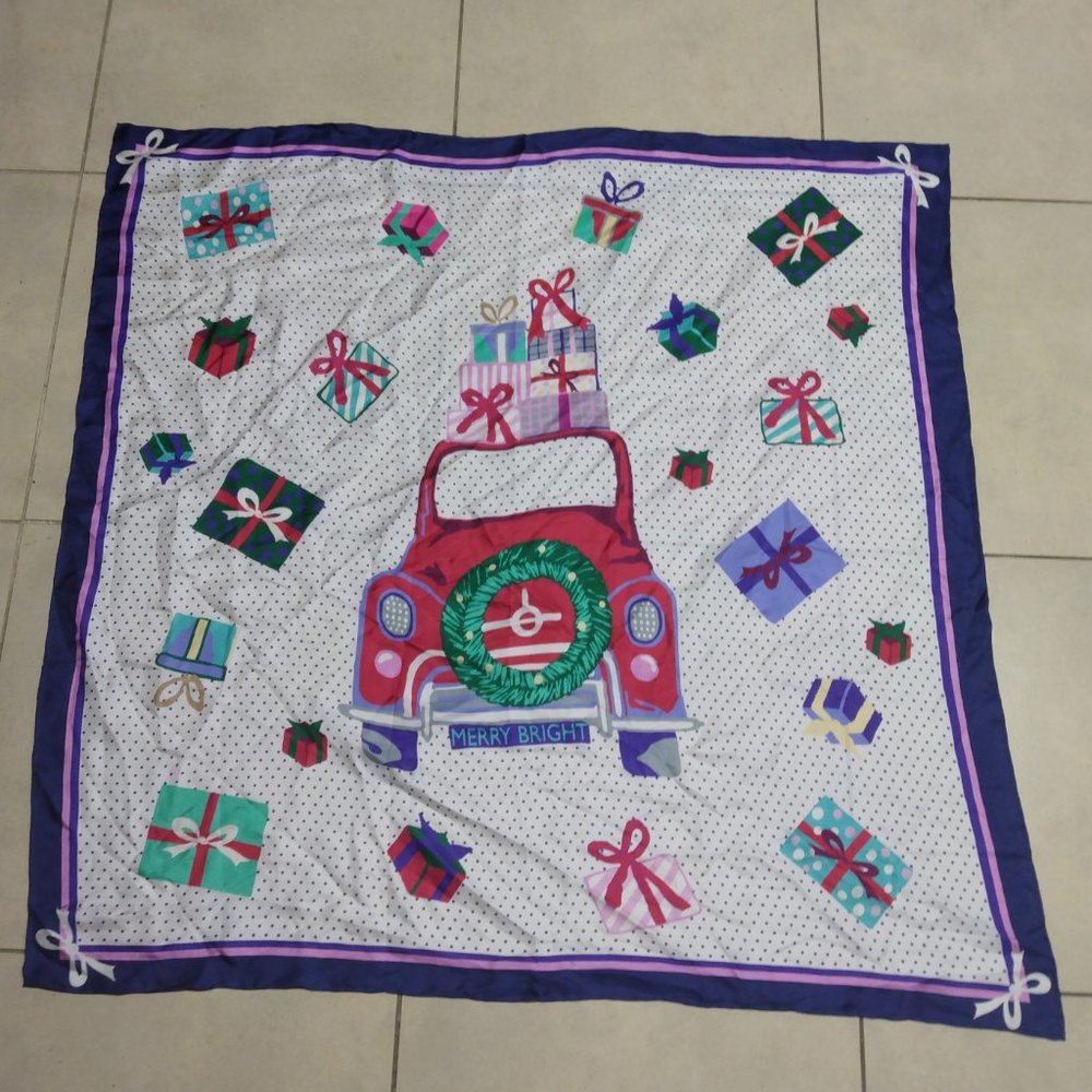 ❤️TALBOTS MERRY BRIGHT Silk Christmas Scarf Square Gifts Handrolled Hem 36x37